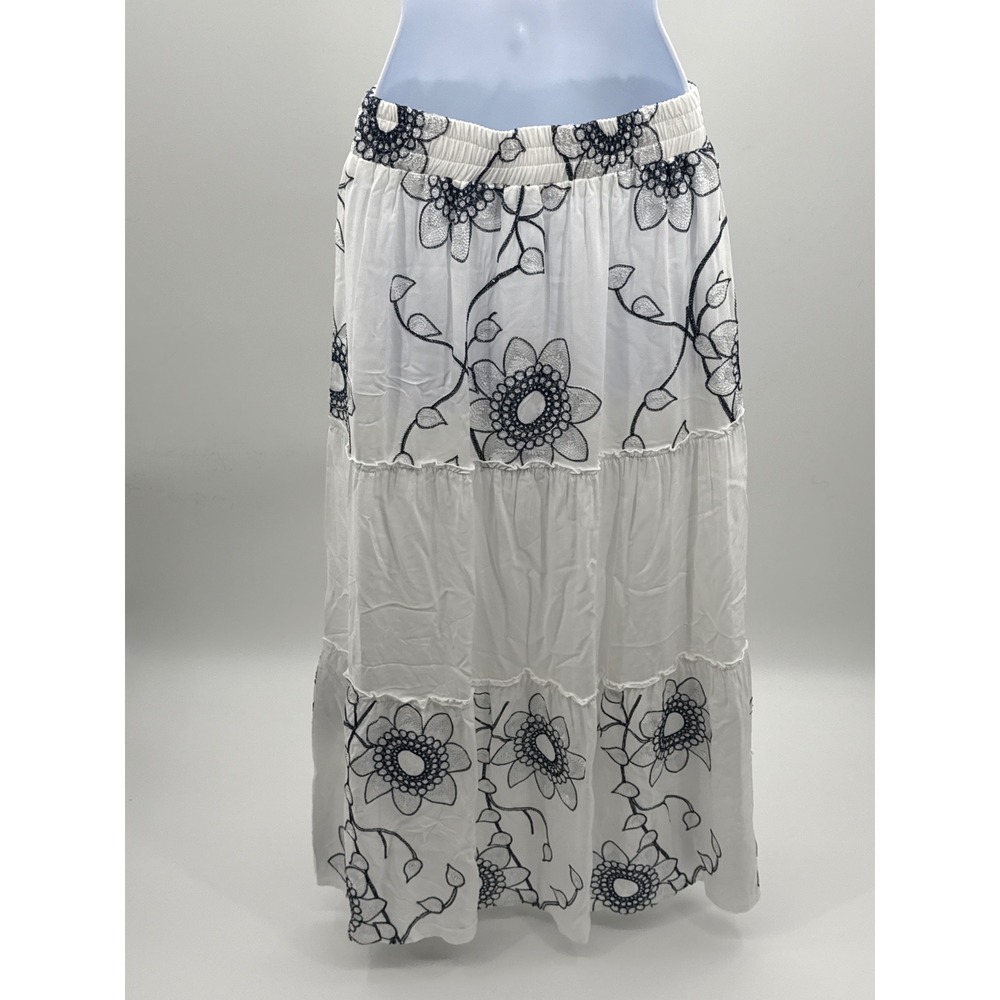 Mermaid Fashion Womens White Navy Blue Floral Embroidered Tiered Maxi Skirt M - Picture 5 of 9
